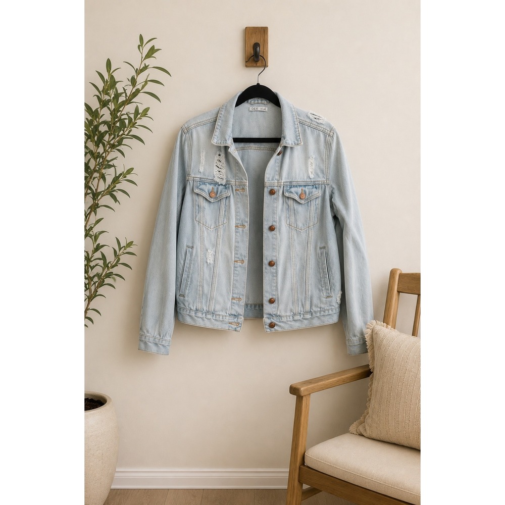 DEX Distressed Denim Jacket XL Faded Cotton Jean‎ Trucker Streetwear Grunge Edgy